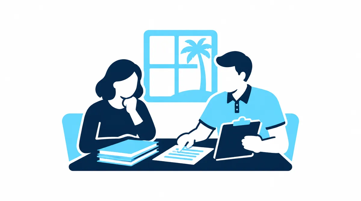 Illustration of a homeowner and an adjuster going through papers at a kitchen table