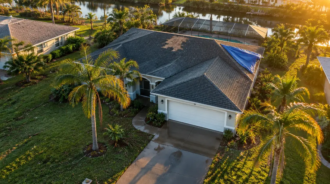 Aerial view of a Florida home at sunset, a blue tarp over the storm damaged corner of the roof. Illustrative image.