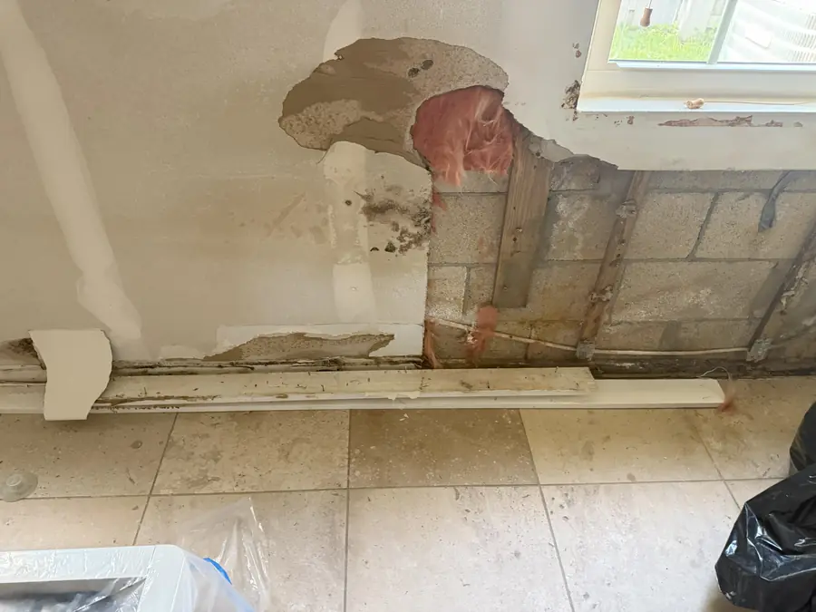 A wall opened to the block, wet insulation and stained drywall